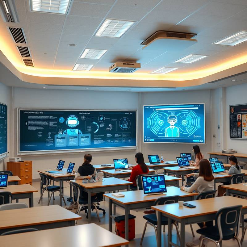 A futuristic classroom with holographic displays and AI assistants, representing the future of AI in education