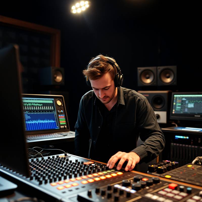 Music producer working on a digital audio workstation, representing music production course